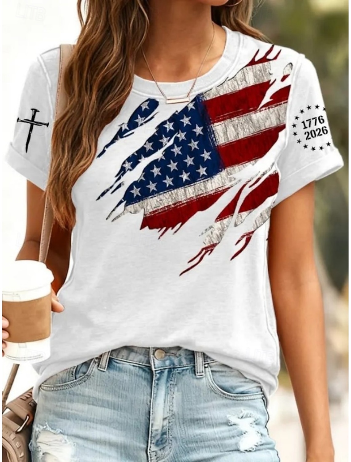 American Independence Day Women's T Shirt Print Graphic Letter American Flag Stylish Classic Casual Short Sleeve Crew Neck Regular Tops Daily Black Summer Spring