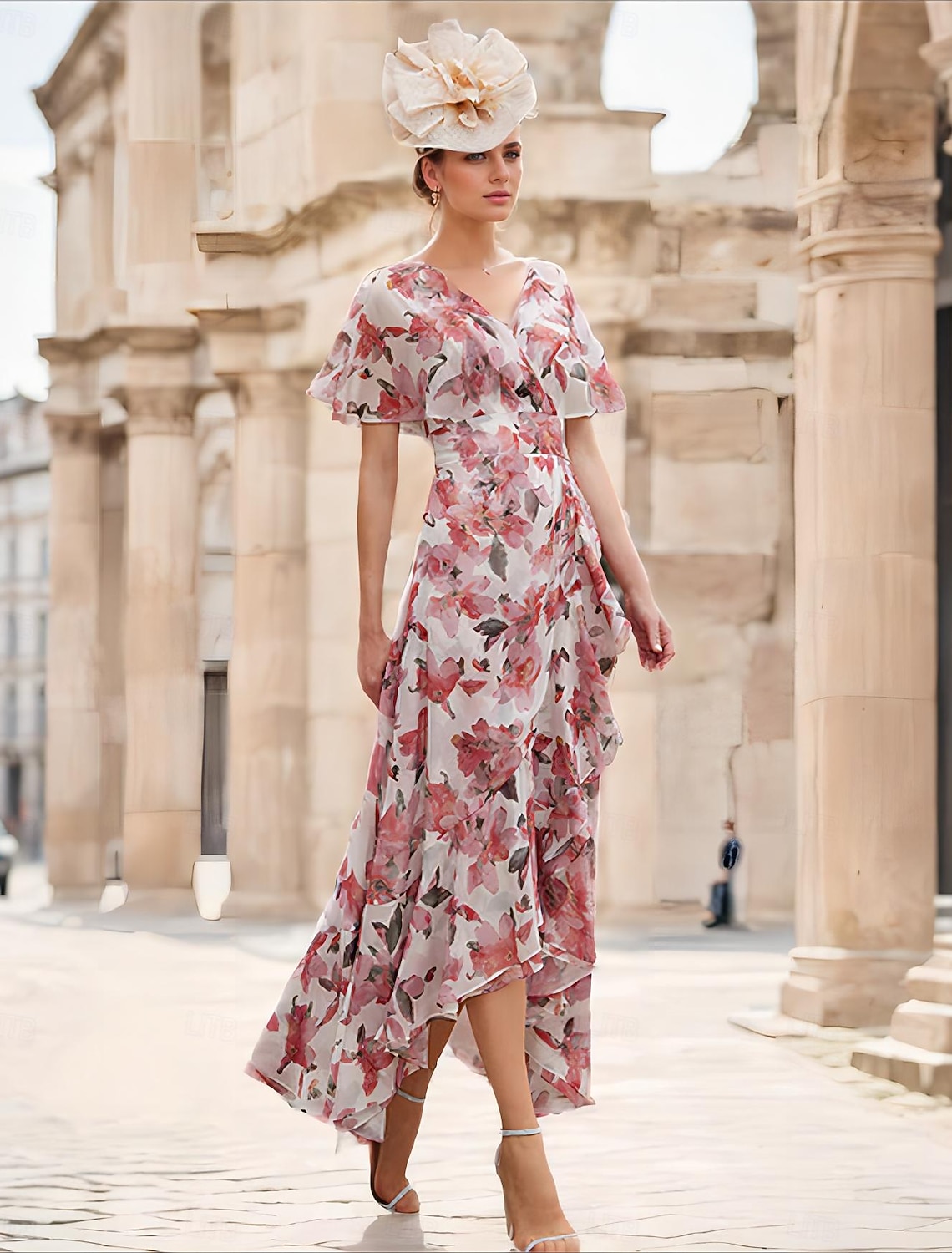 A-Line Ankle Length Wedding Guest Dress Formal Dresses Evening Gown Mother of the Bride Dress Long Sleeve V Neck Elegant Vintage Formal Wedding Guest Chiffon with Ruched Flower