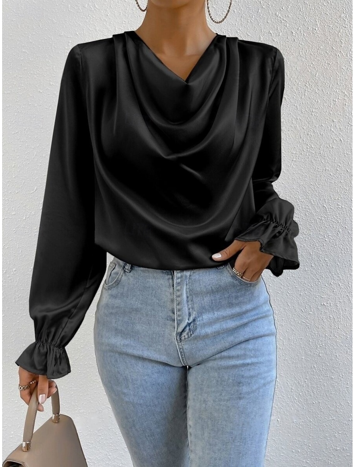 Women's Shirt Blouse Stylish Casual Solid Color Regular Tops Long Sleeve Cowl Neck Ruched Regular Fit Daily Summer Spring