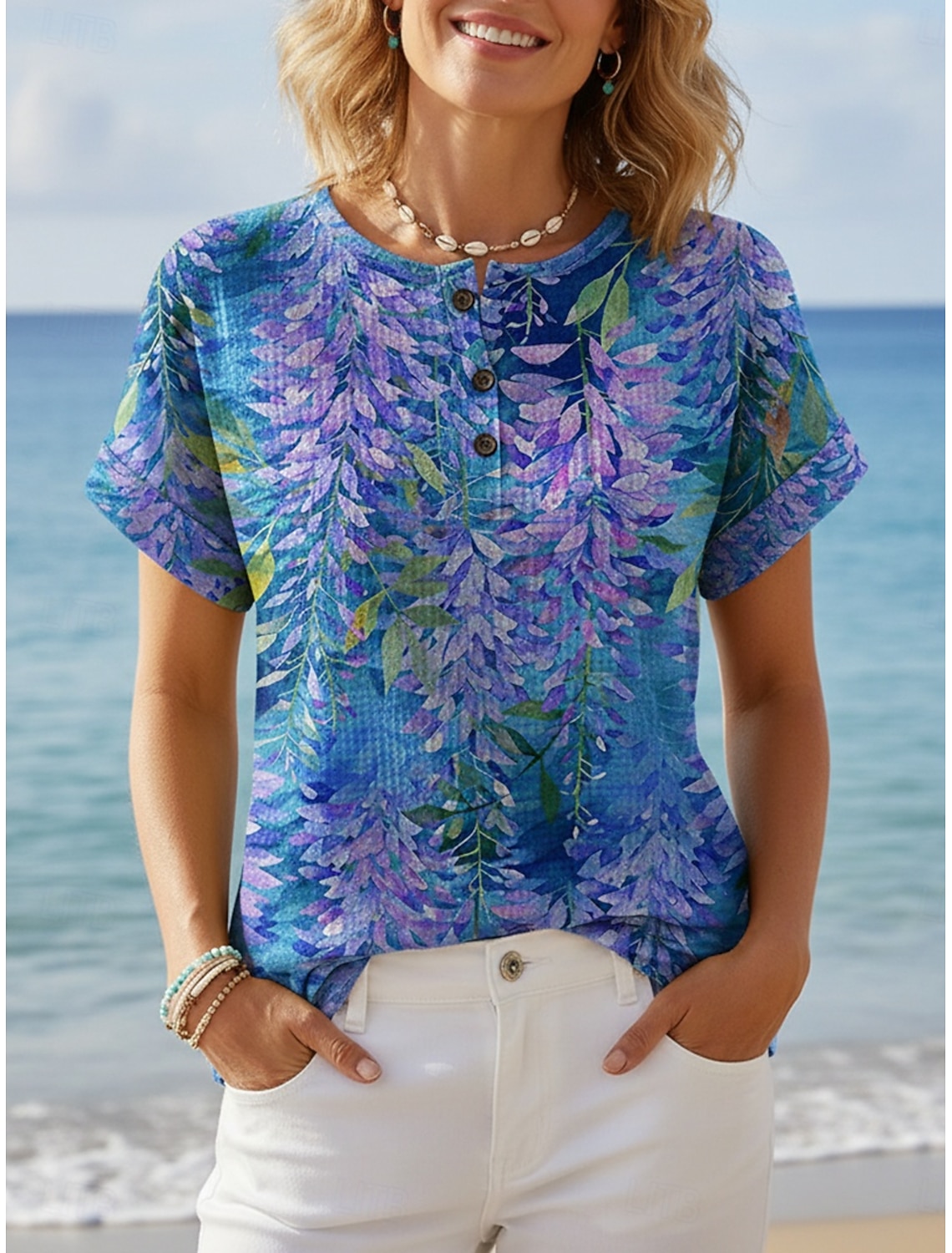 Women's Waffle T Shirt Print Chest Buttons Floral Stylish Modern Casual Short Sleeve Henley Regular Tops Daily Purple Summer Spring
