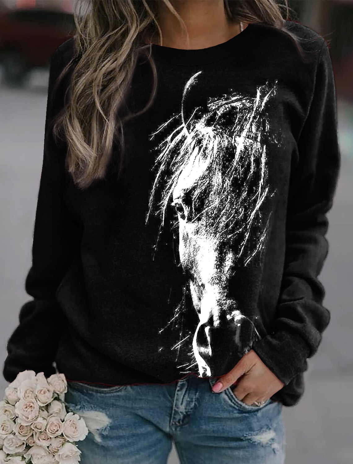 Women's Sweatshirt Pullover Horse Daily Sports Print Active Streetwear Round Neck Long Sleeve Without Lining Micro-elastic Fall & Winter Comfrt Breathable Soft Fabric