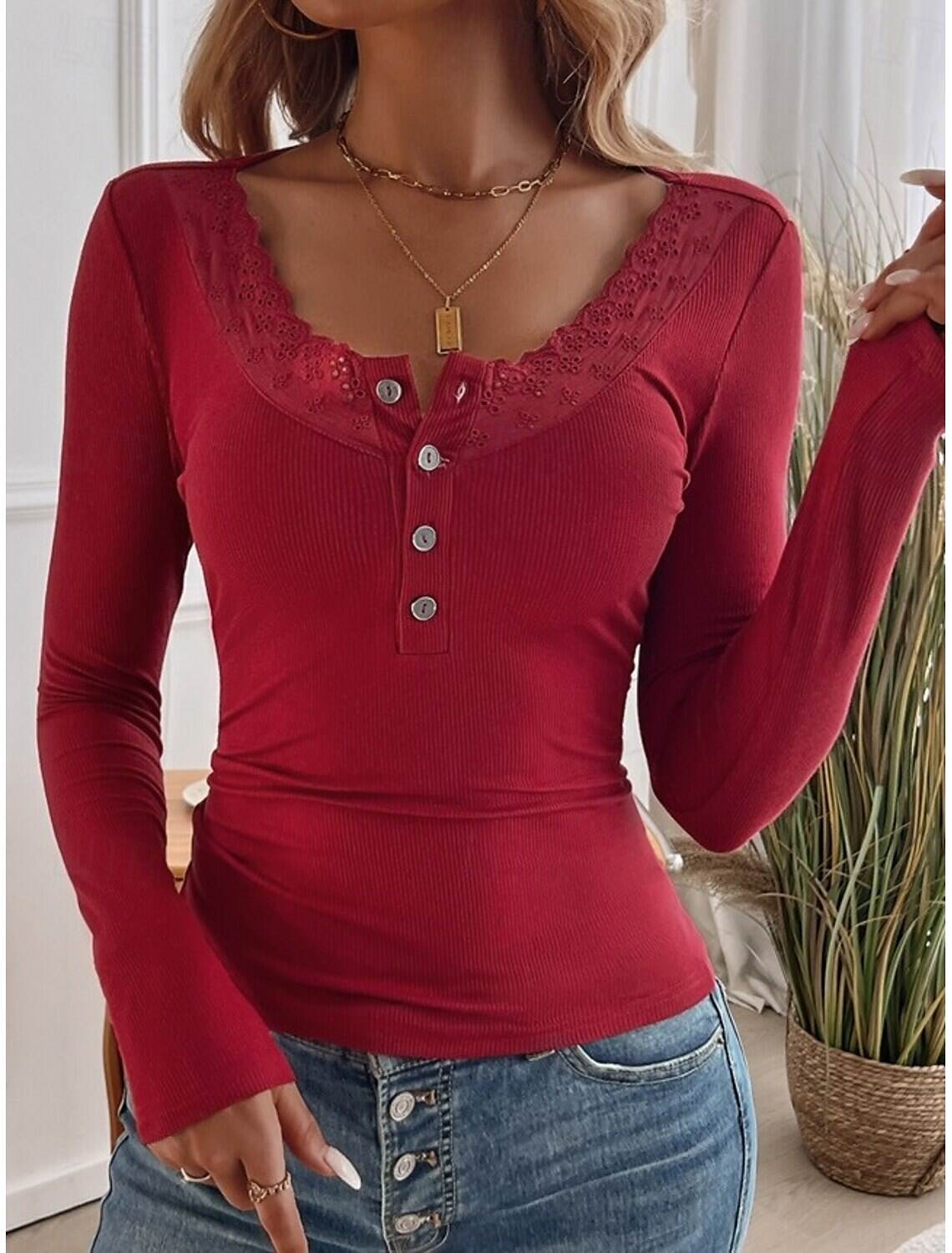 Women's Elegant Lace Tops Eyelet Blouse Elegant Daily Solid Color Regular Tops Long Sleeve Scoop Neck Regular Fit Daily Romantic Petite Tops Summer Holiday Wear
