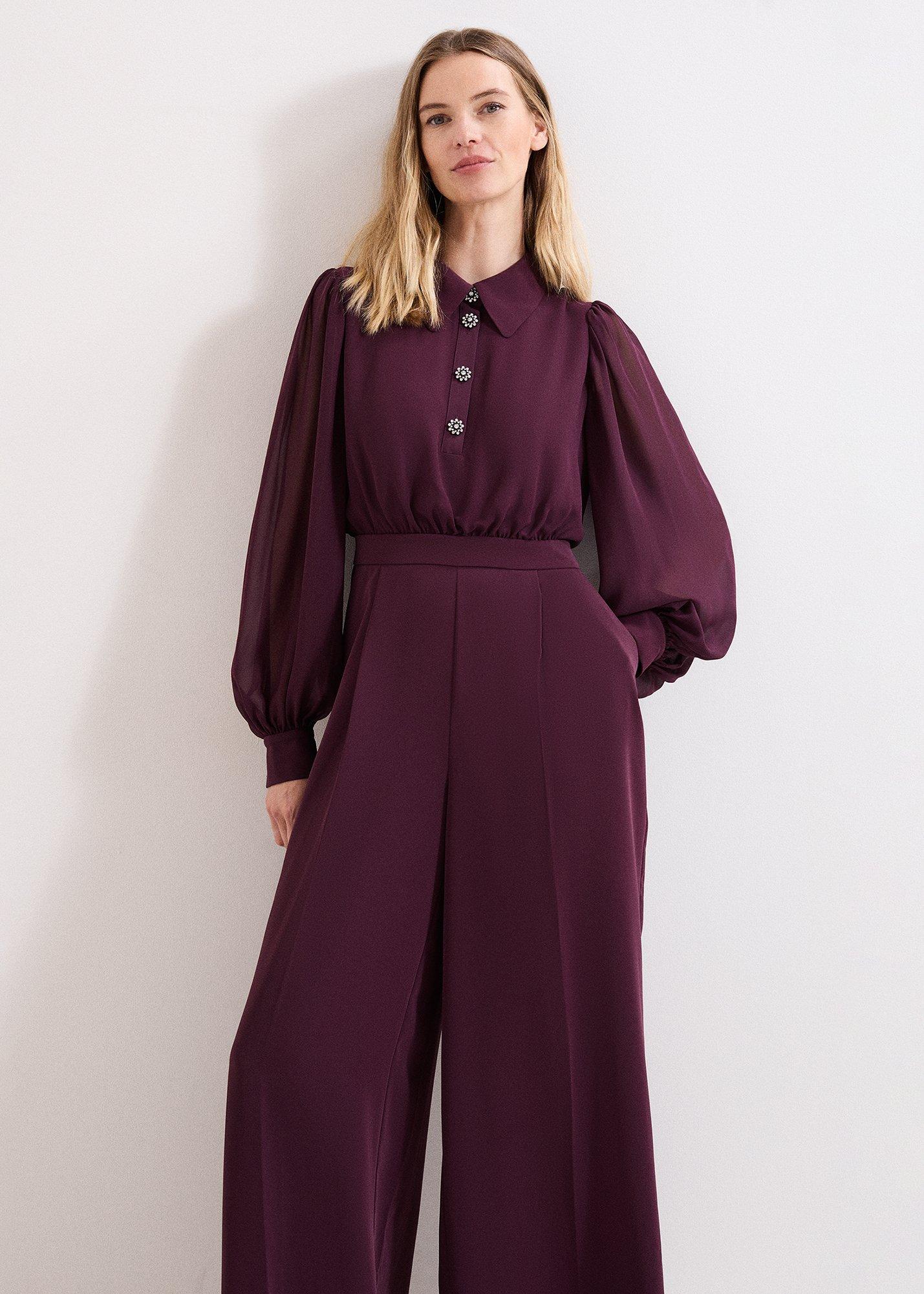 Petite Emily Burgundy Diamonte Button Jumpsuit