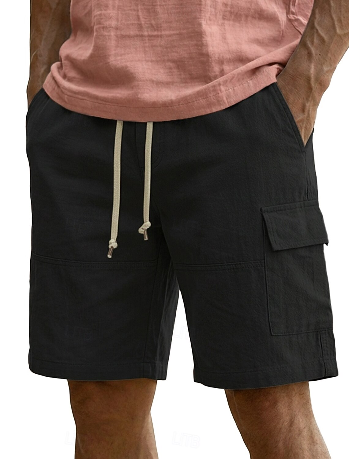 Men's Cargo Shorts Linen Summer Beach Drawstring Elastic Waist