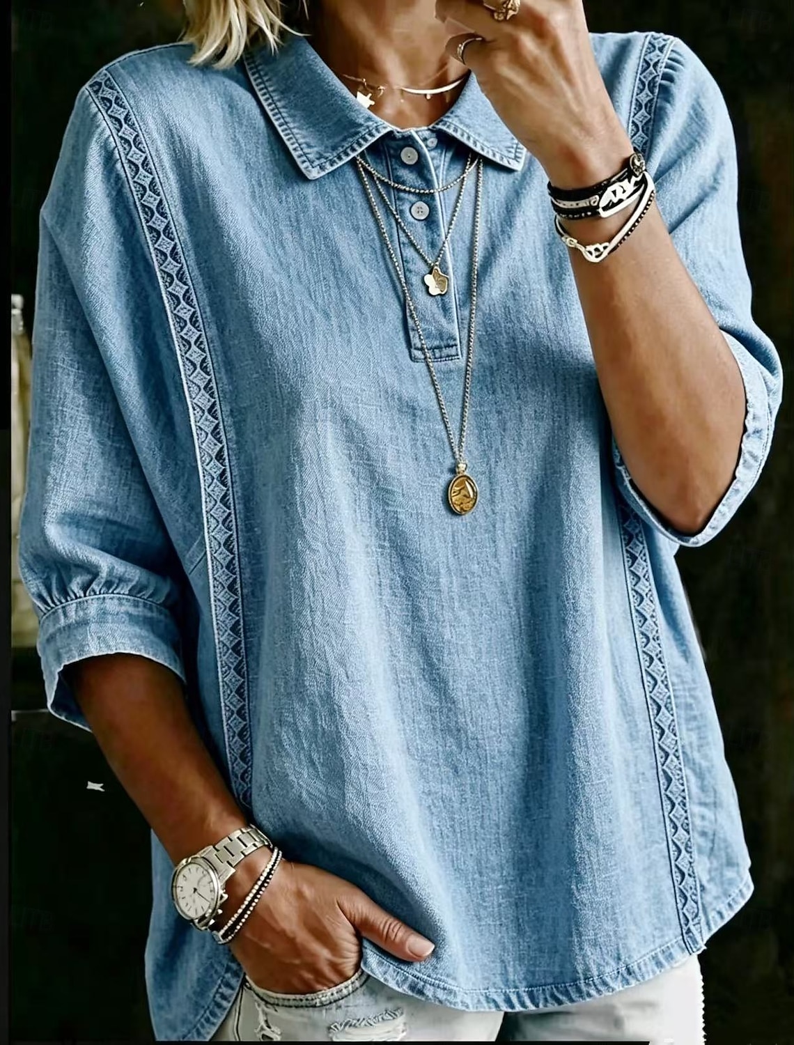 Women's Polo Shirts Blouse Lace Tops Plain Bohemia 3/4 Length Sleeve Lapel Regular Tops Light Blue White Pink Royal Blue Sky Blue Summer Spring