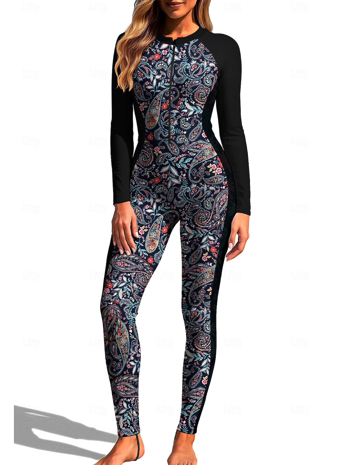 Women's Medium Rash Guard Full Body Rash Guard One Piece Surfing Suit Paisley Folk Zip Up with Built in Bra  Front Zip UV Sun Protection Full Coverage UPF50+ Long Sleeve Full Body Swimwear Bodysuit