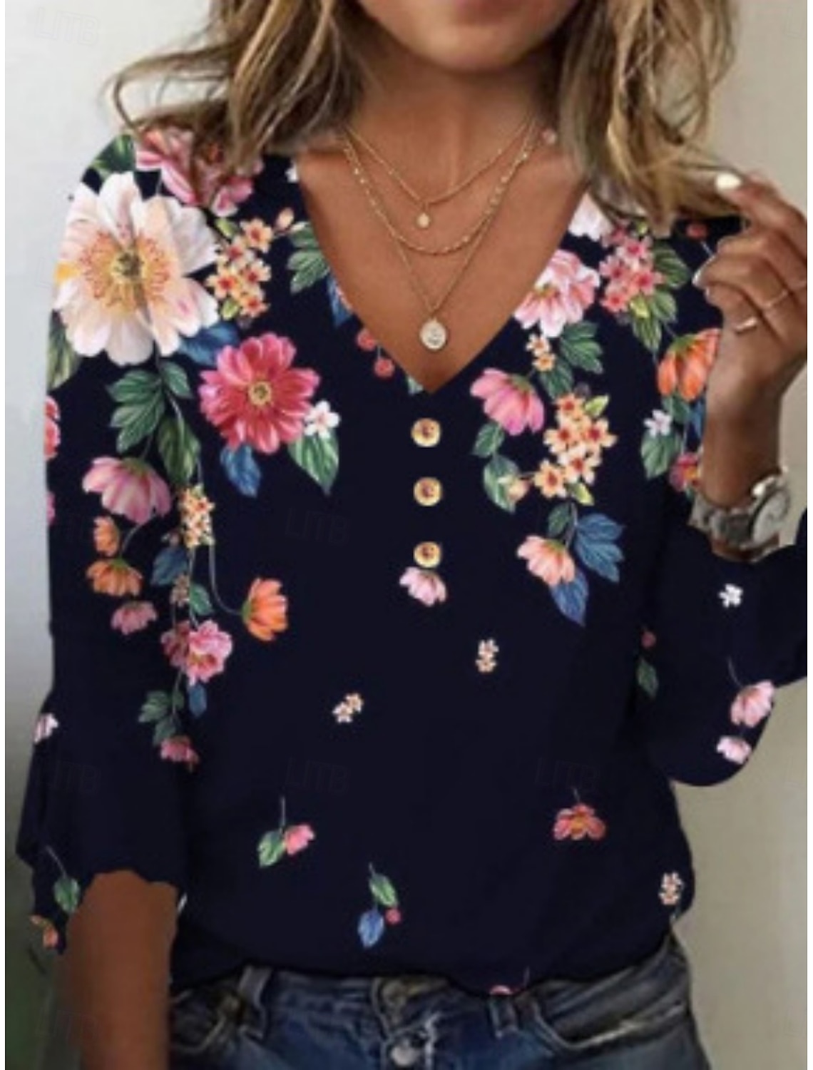 Women's T Shirt Tee Top Print Floral Graphic Bohemia Vintage Long Sleeve V Neck Regular Tops Daily Going out Weekend Blue White Red Navy Blue Dusty Blue Summer Spring