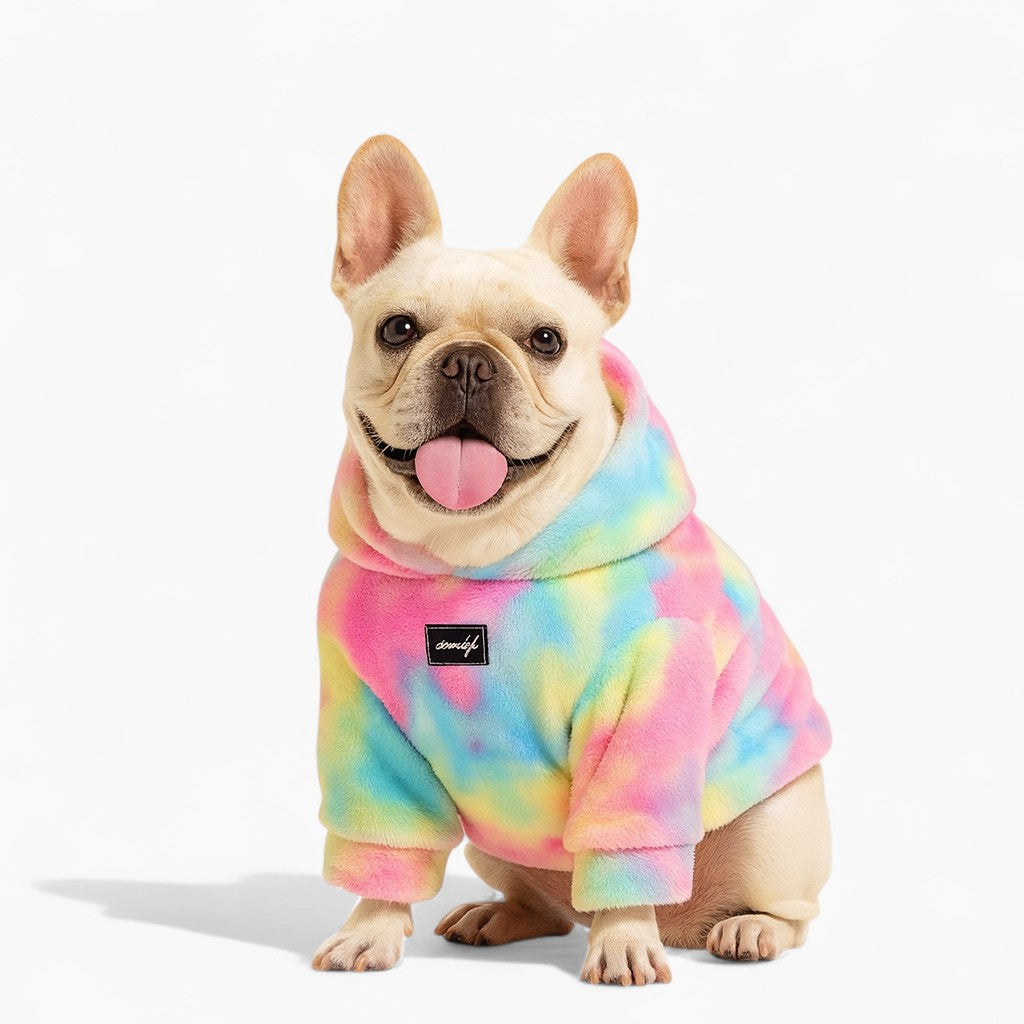 Zestara Frenchie Human Matching Hoodie – Plush Fleece Rainbow Tie-Dye Sweatshirt for Dog and Owner