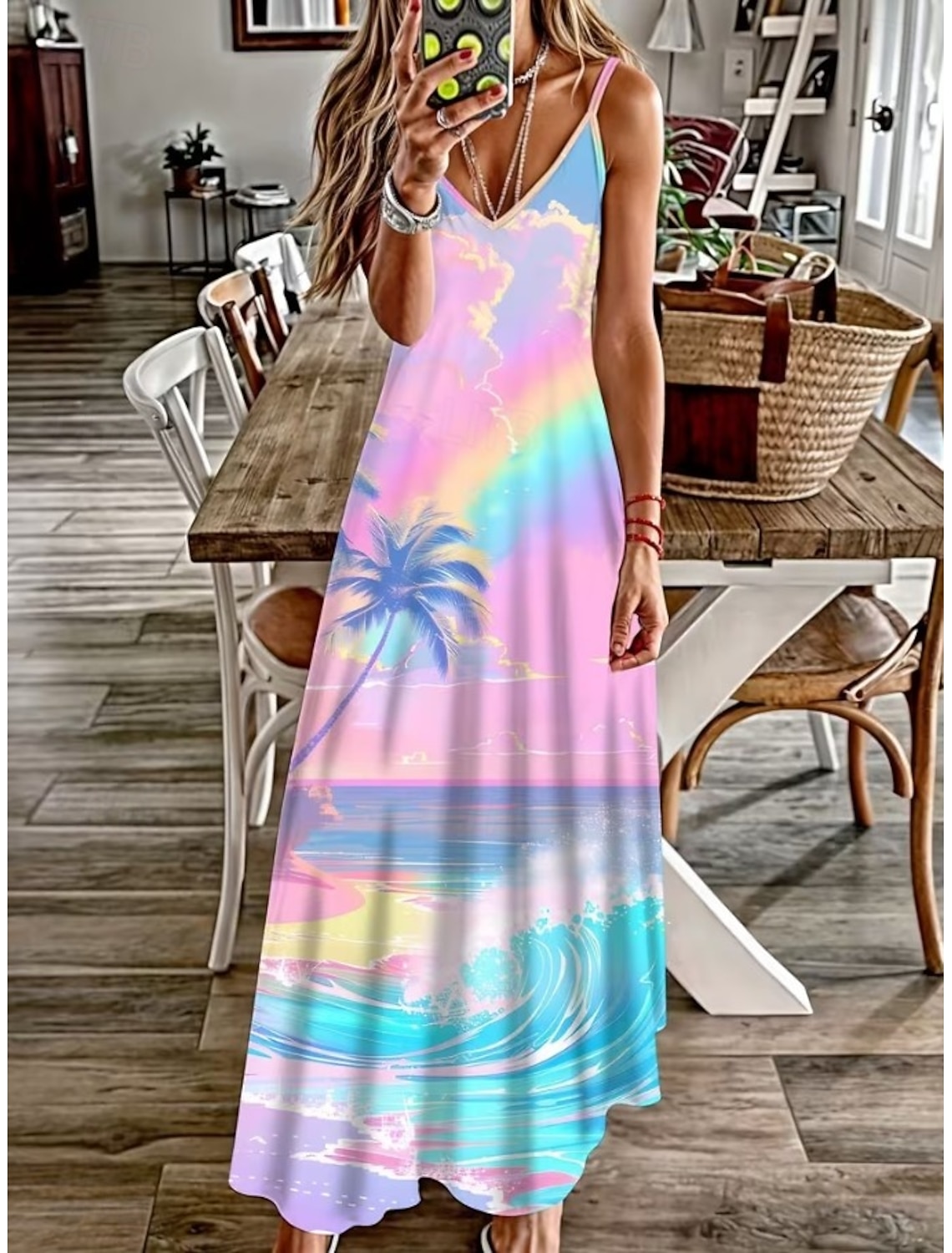 Women's Maxi Dress Sundress A Line Dress Slip Dress Vacation Casual Boho Beach Loose Fit Graphic Leaf Sleeveless V Neck Spaghetti Strap White Light Green Pink Sky Blue Summer Spring