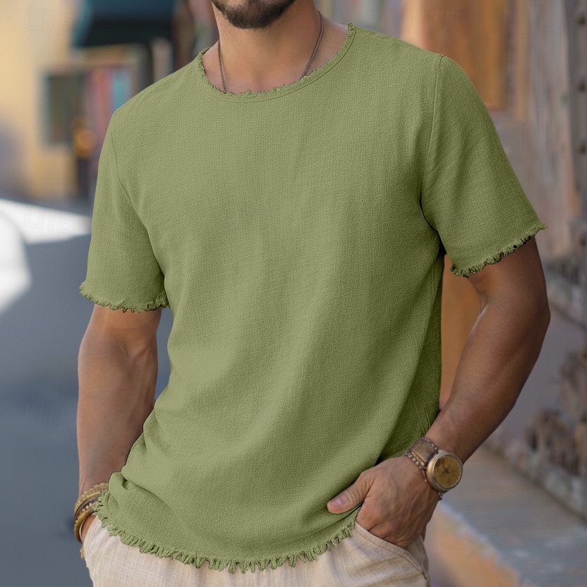 Men's Tee Top Linen T-Shirt Short Sleeves Crew Neck Round Summer Plain