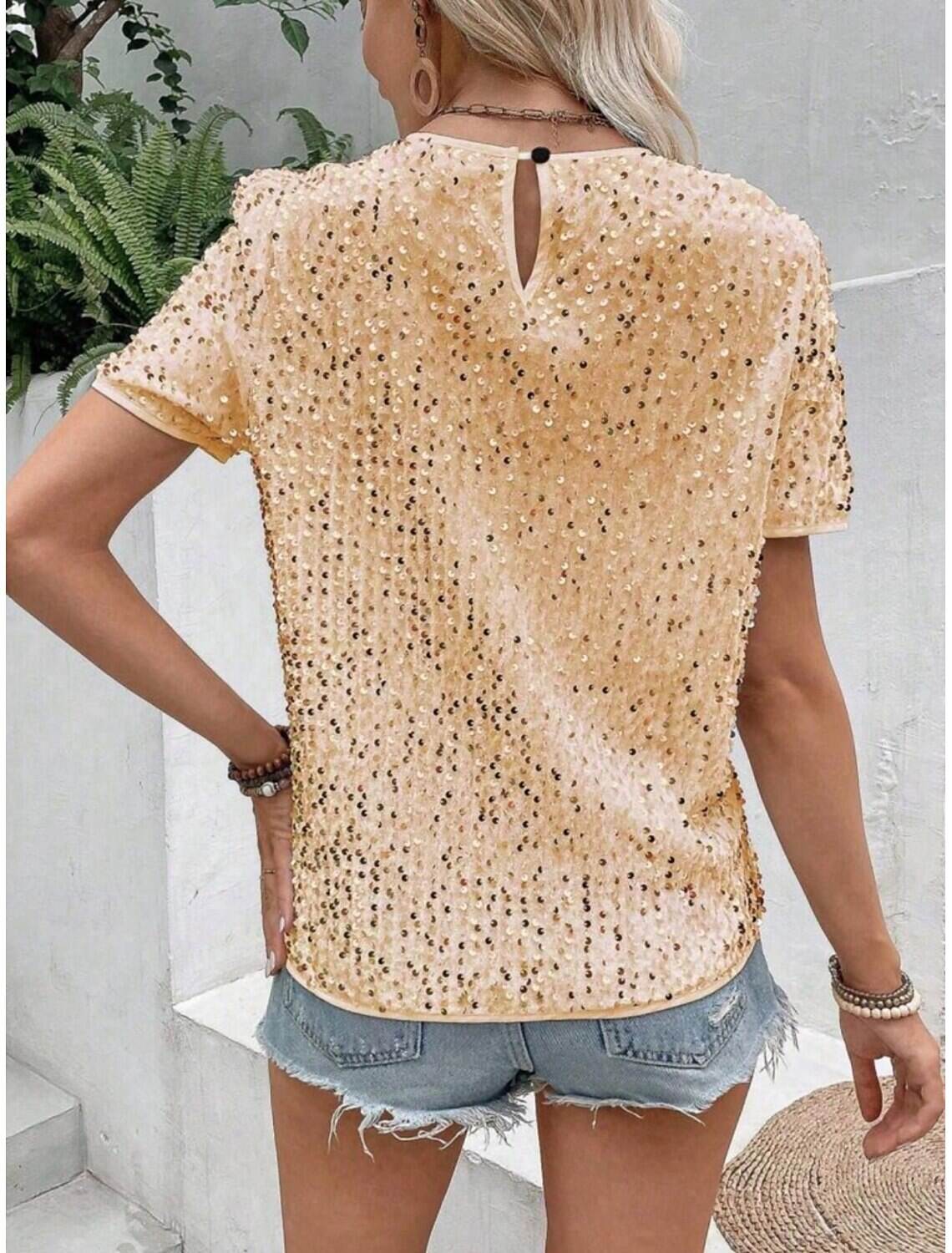 Women's T Shirt Fashion Modern Casual Plain Regular Tops Short Sleeve Crew Neck Sequins Regular Fit Daily Weekend Summer Spring