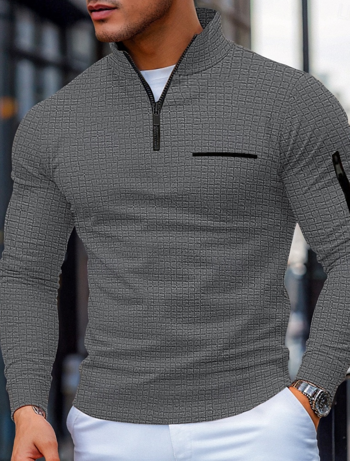 Men's Waffle Polo Shirts Zip Casual Holiday Quarter Short Sleeve