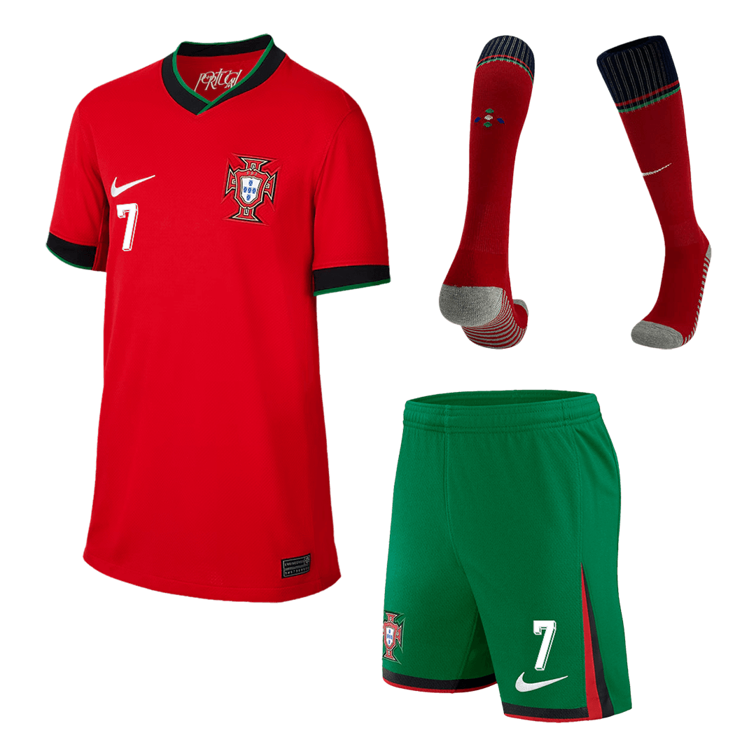 Kid's Portugal #7 RONALDO Home Jerseys Euro 2024(Short+shorts+socks)Au
