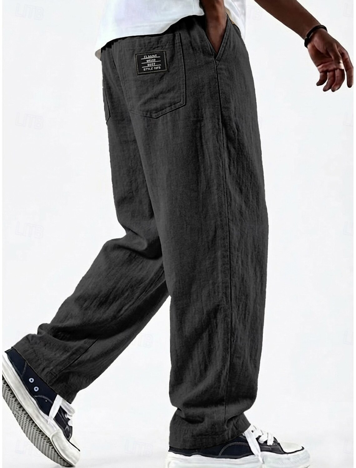 Men's Linen Pants Trousers Summer Baggy Pocket Elastic Waist Straight