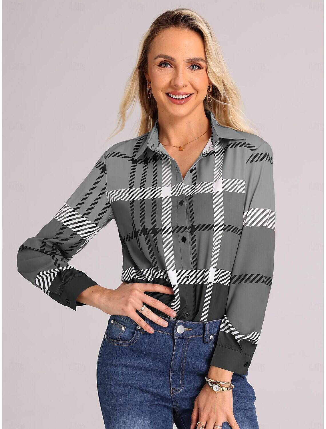 Women's Shirt Blouse Fashion Plaid Buttons Print Long Sleeve Regular Tops Shirt Collar Casual Spring & Fall