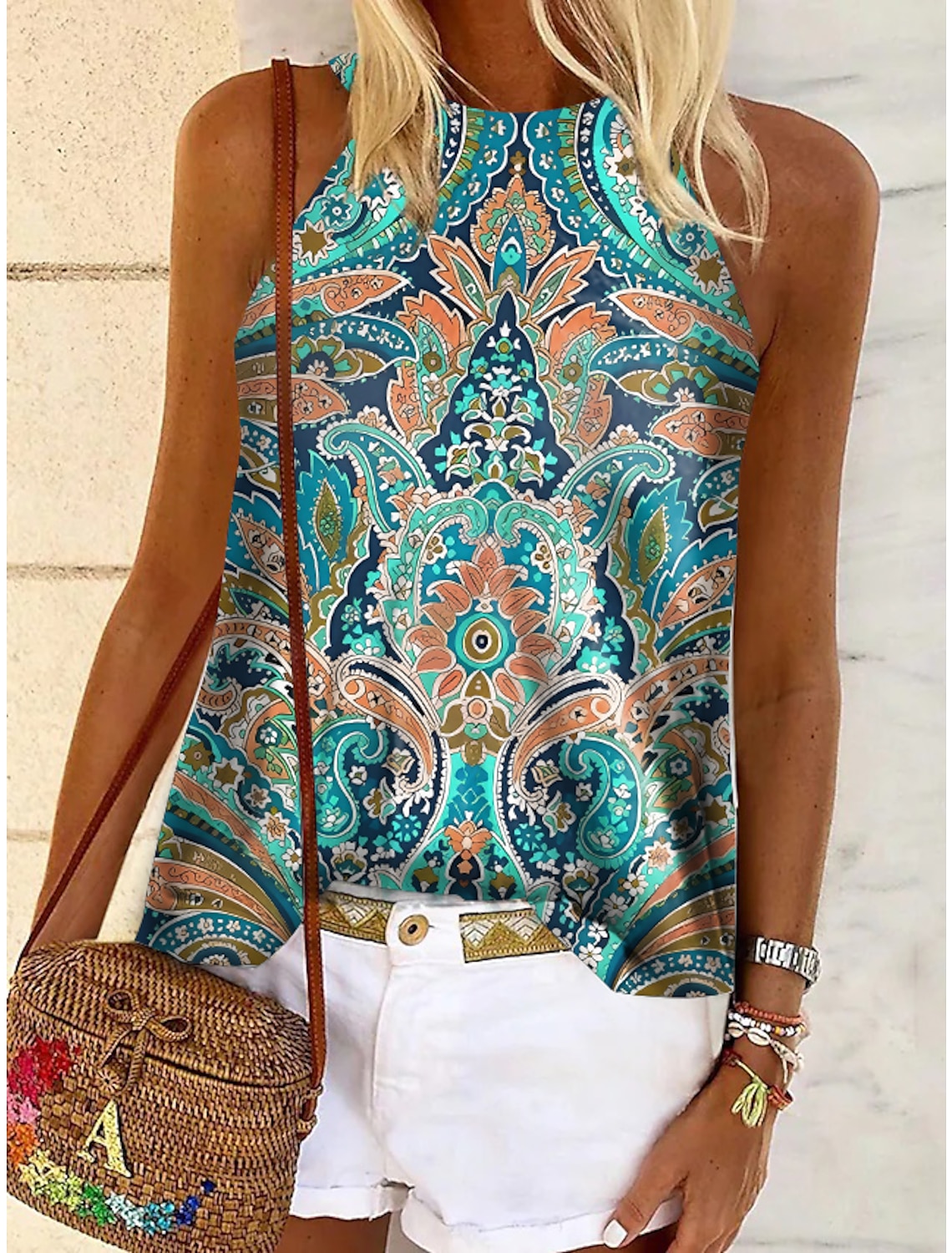 Women's Tank Top Halter Summer Tops Basic Paisley Vintage Ethnic Regular Tops Sleeveless Halter Neck Print Regular Fit Casual Holiday