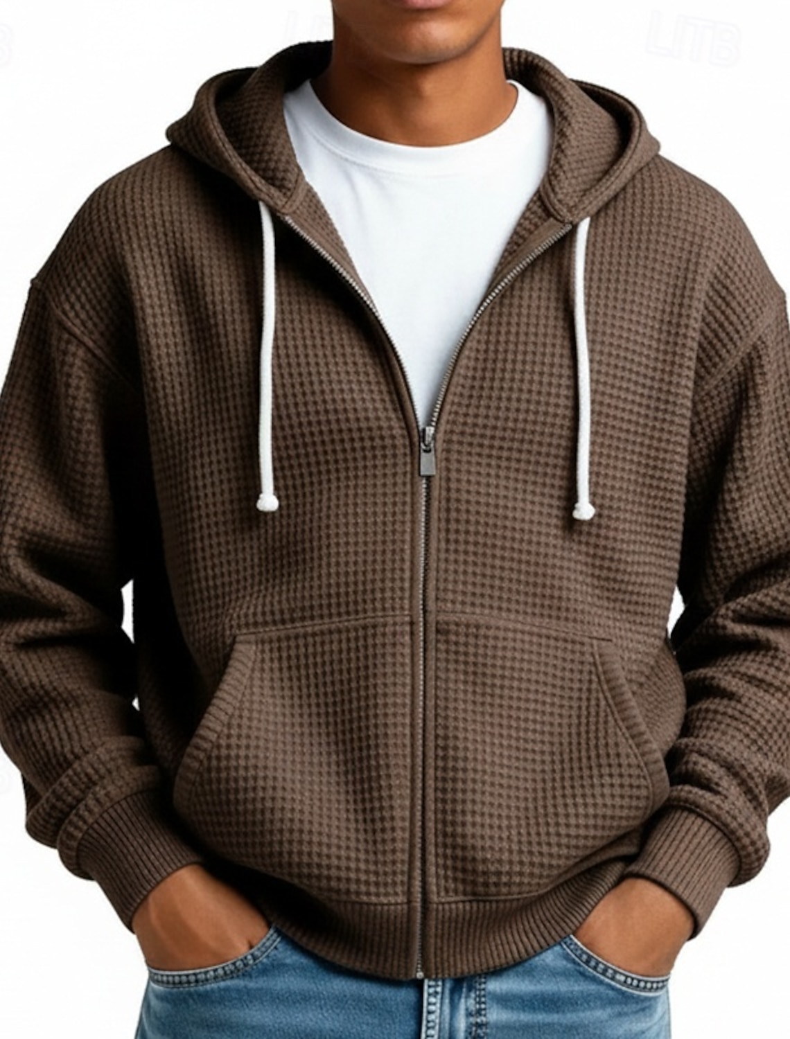 Men's Hoodie Full Zip Waffle Hoodies White Light Green Navy Blue Dark