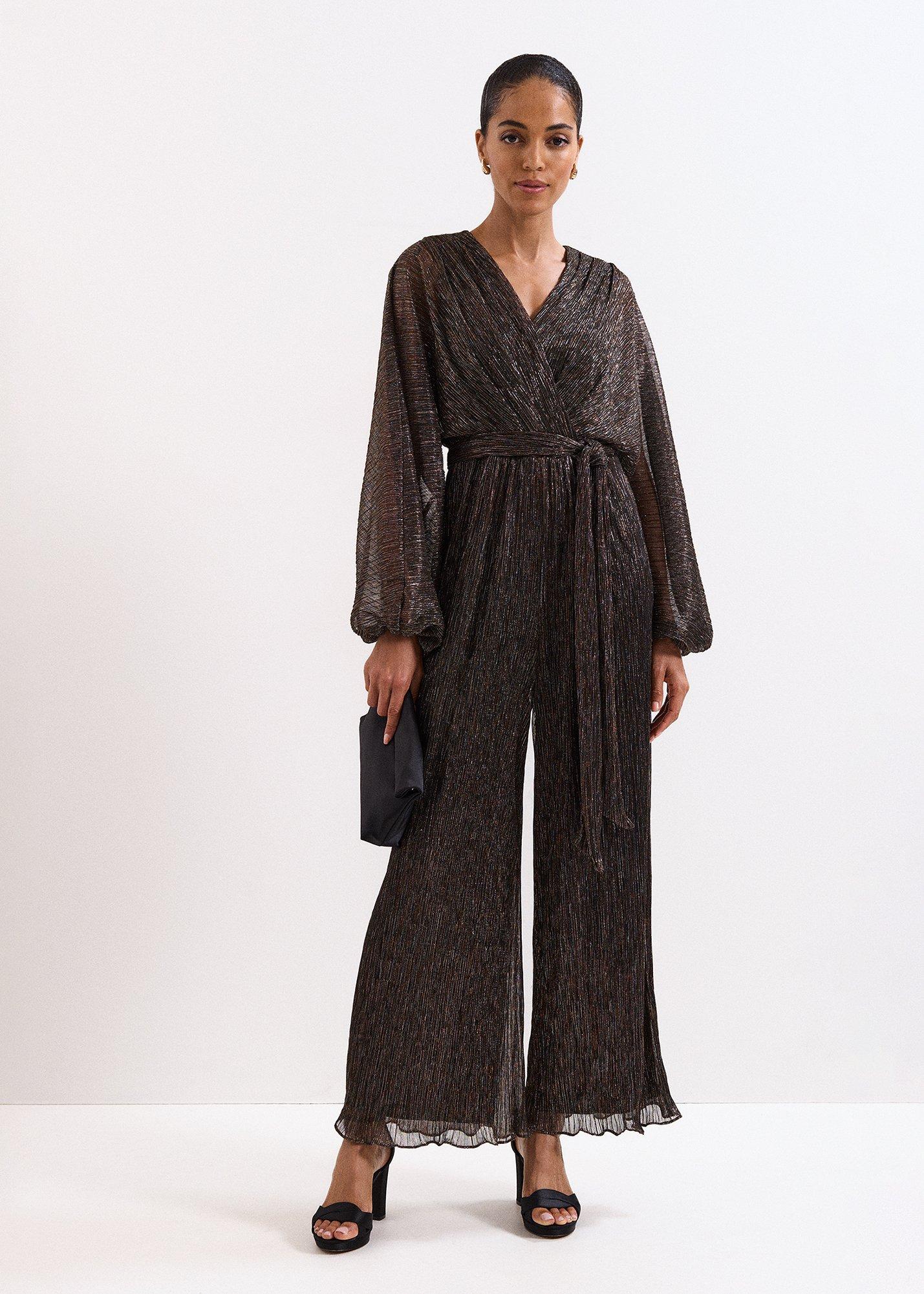Rachel Plisse Gold Metallic Jumpsuit