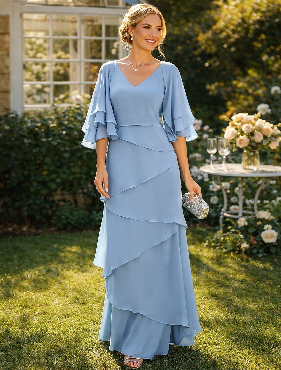 Two Piece A-Line Floor Length Wedding Guest Dress Formal Dresses Tiered Dress Mother of the Bride Dress Half Sleeve V Neck Elegant Wrap Included Wedding Guest Engagement Party Chiffon Wrap Included