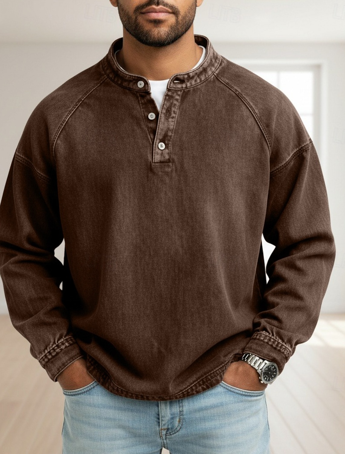 Men's T Shirt Henley Denim 100% Cotton Acid Wash Tee Top Long Sleeve