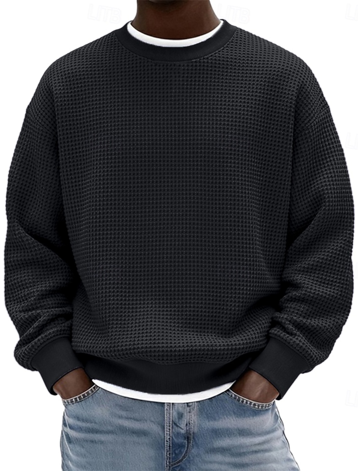 Men's Sweatshirt Waffle Sweatshirt Pullover Hoodie Sweatshirt Wine Red Black White Light Green Navy Blue Crew Neck Plain Textured Casual Daily Sports & Outdoor Polyester Streetwear Cool Sportswear