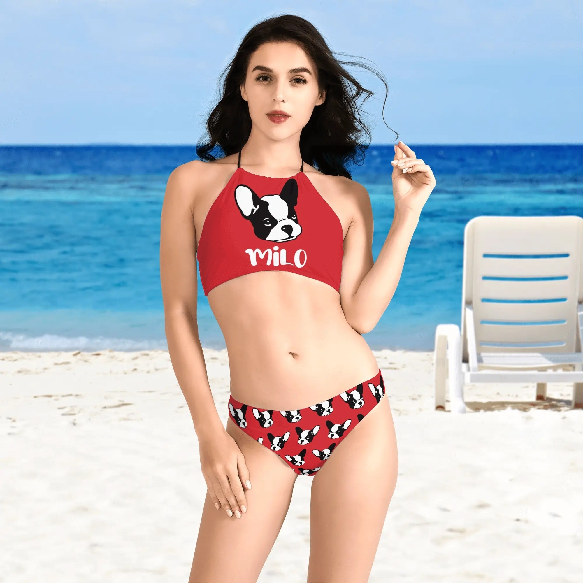 Custom Womens Bikini Sets Swimsuit with French Bulldog Name