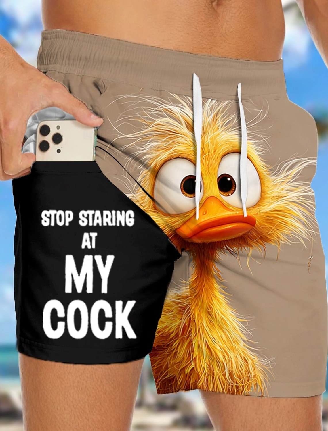 Men's Funny Duck Slang Lined Shorts 2 in 1 Board Swim Mid Waist