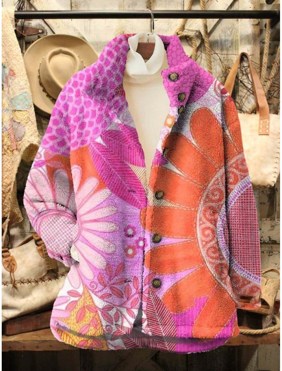 Women's Fleece Jacket Casual Jacket Comfortable Breathable Pocket Print Casual Floral Vacation Street Casual Daily Wear Zipper Regular Turndown Regular Fit Long Sleeve Outerwear Wine Blue Fuchsia