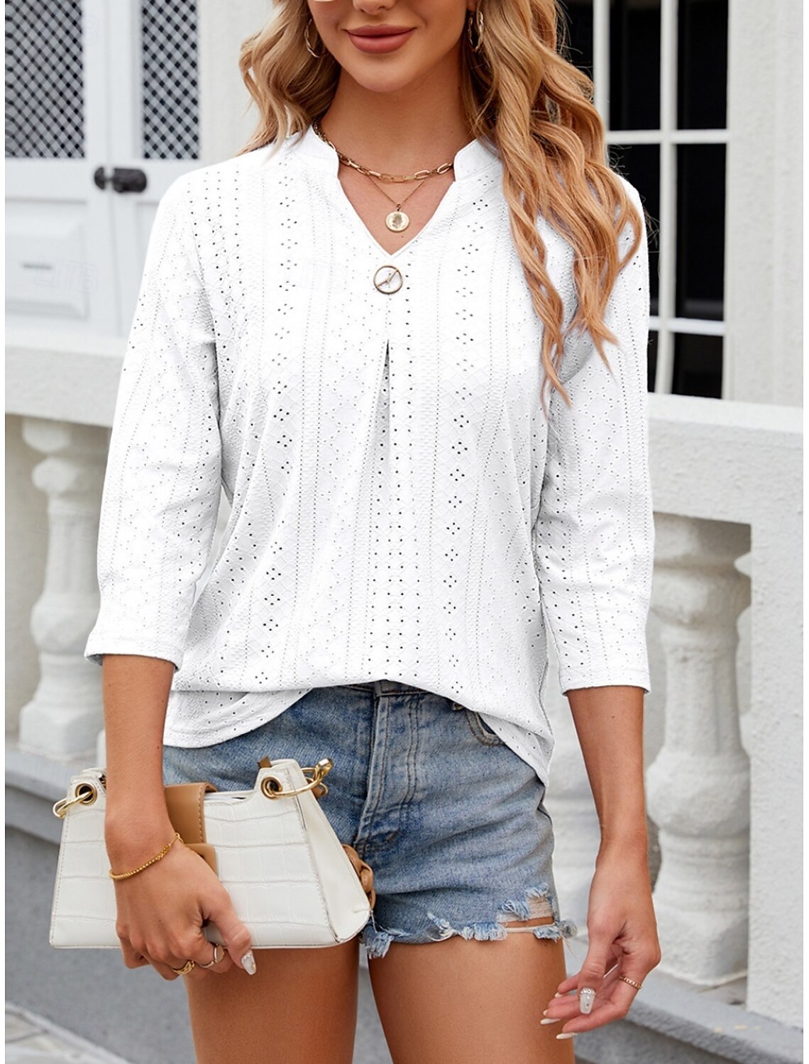 Women's Shirt Blouse Stylish Casual Floral Regular Tops Long Sleeve Notched Neck Eyelet Regular Fit Daily Summer Spring