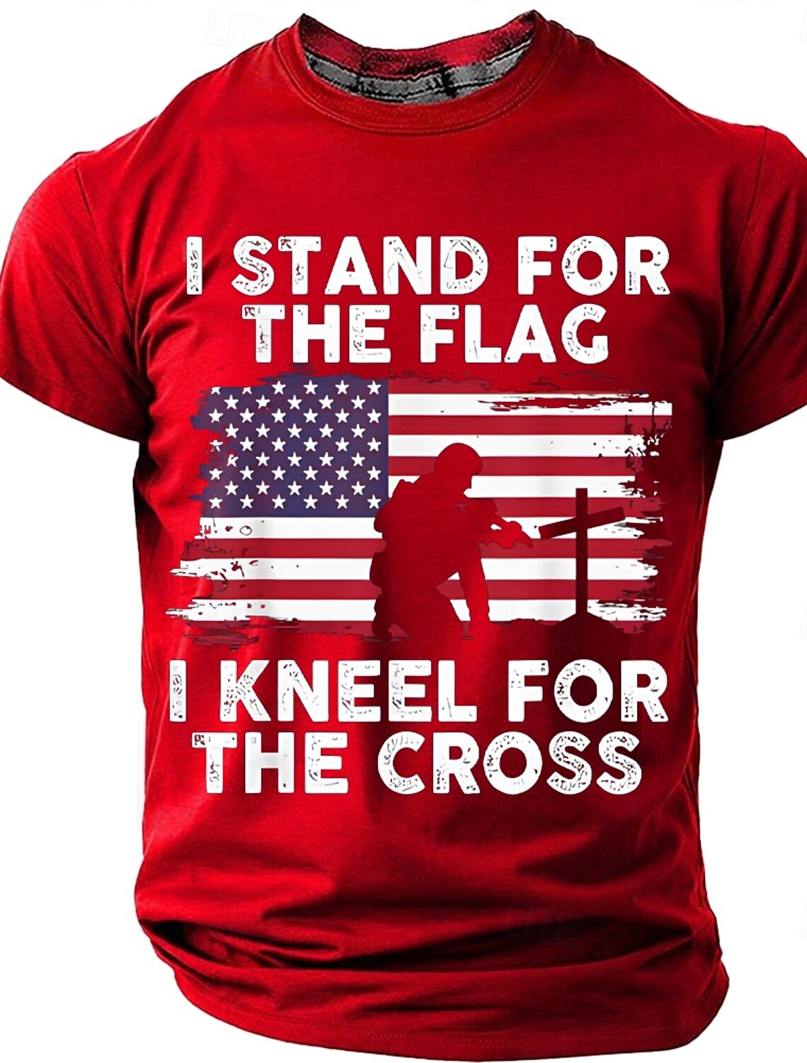 Memorial Day I Stand For The Flag I Kneel For The Cross Men's Bible American Flag Kneeling Soldier Christian Cross Patriotic Graphic T Shirt Vintage Casual Tee Designer Clothing Apparel