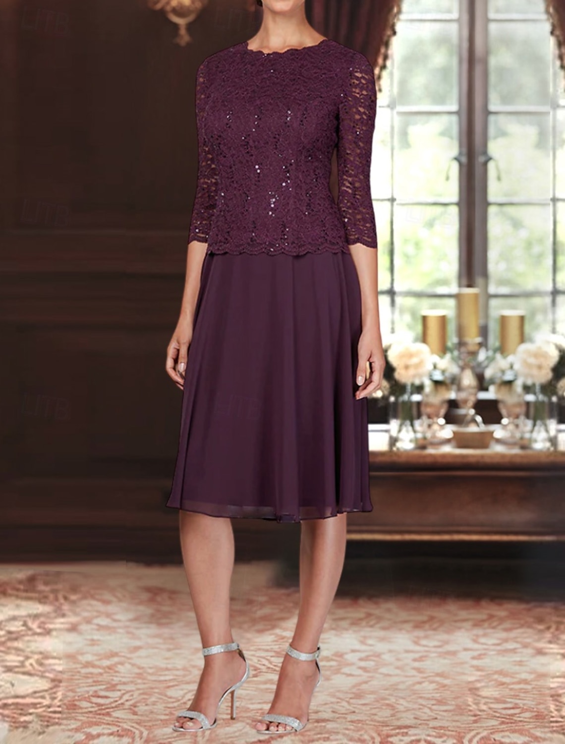 A-Line Knee Length Party Dress Cocktail Dress Wedding Guest Dress Mother of the Bride Dress 3/4 Length Sleeve Boat Neck Elegant Simple Minimalist Formal Wedding Guest Chiffon Lace with Lace Sequin