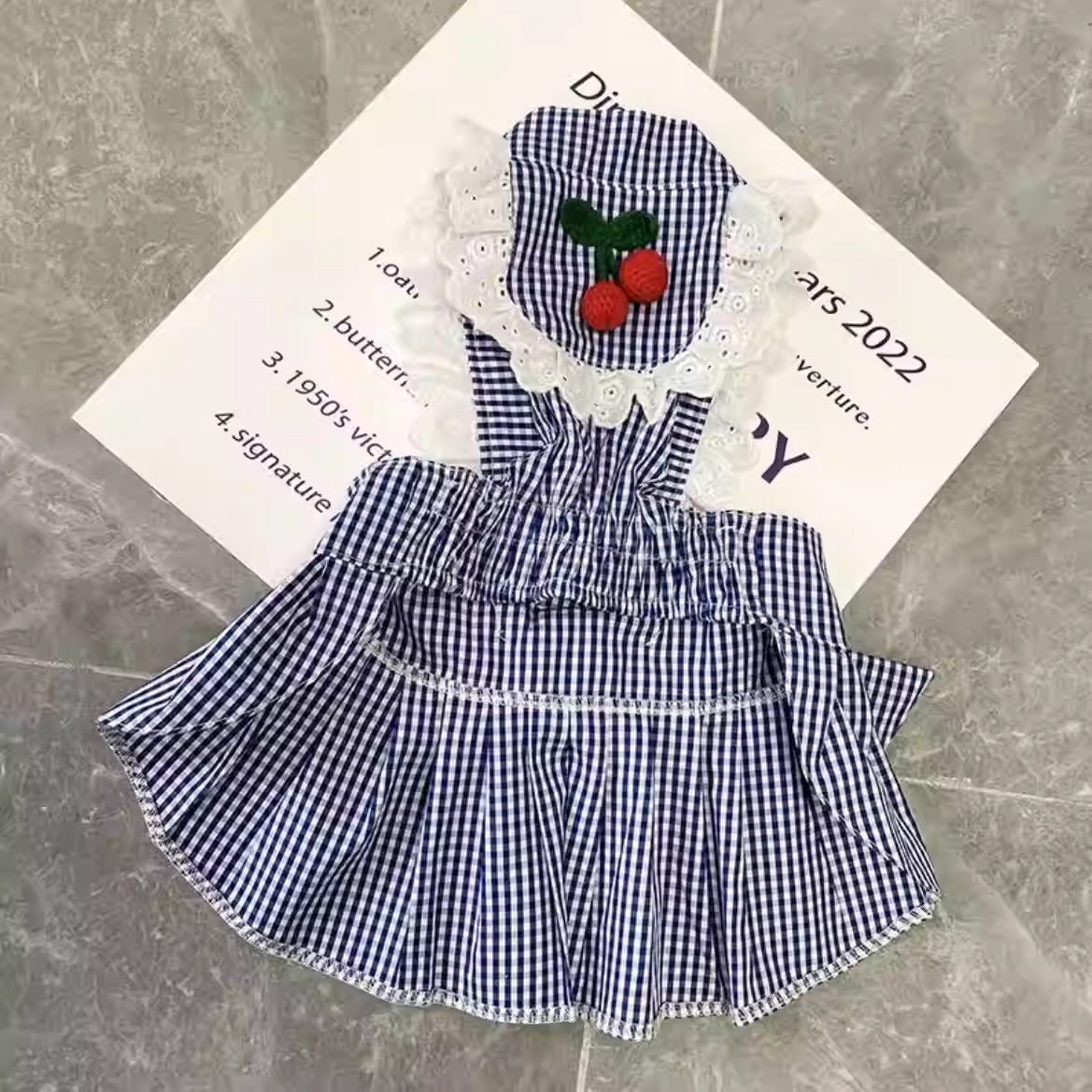 TarTund Frenchie Summer Plaid Skirt – Breathable Cotton Dog Outfit with Lace Cherry Patch