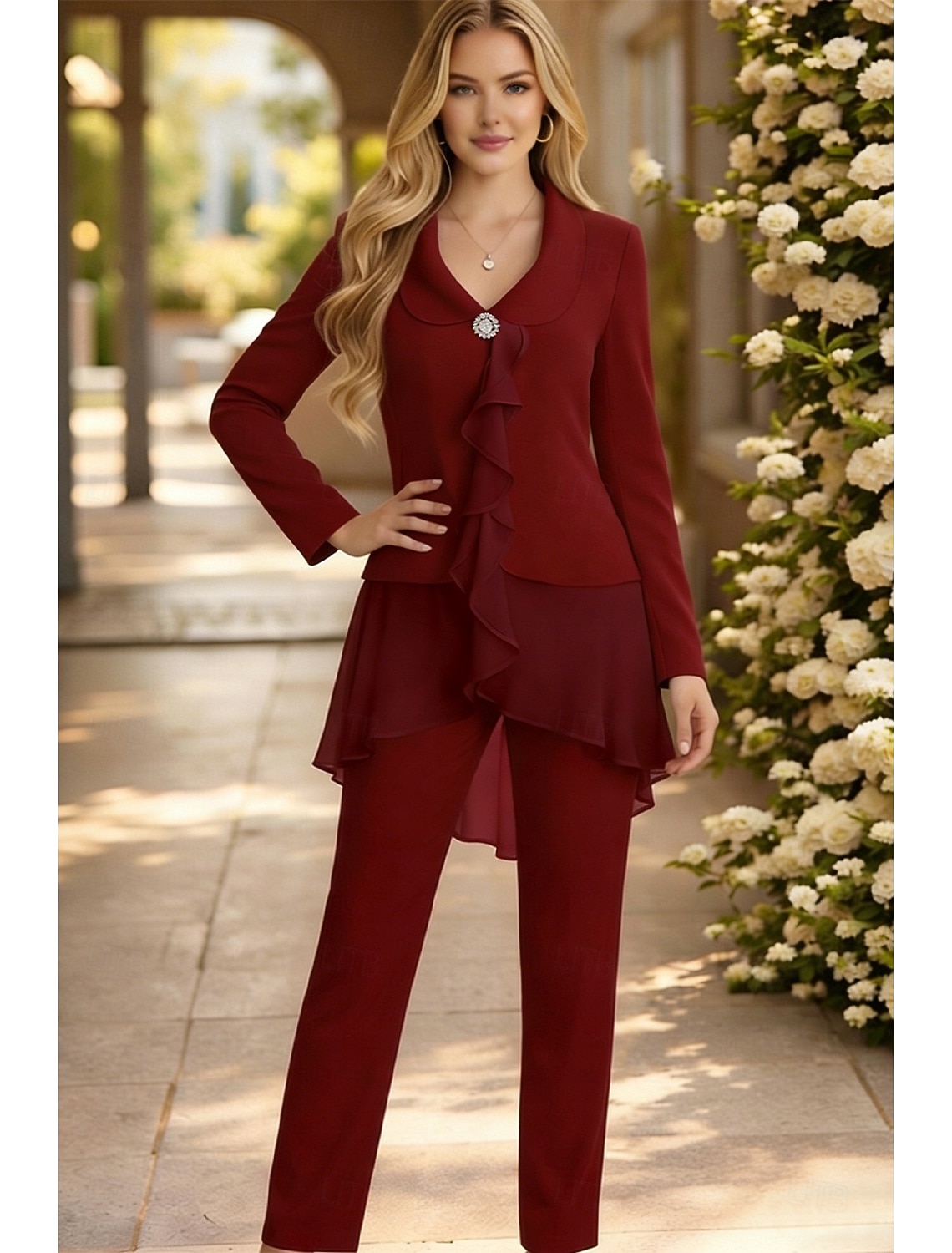 Two Piece Jumpsuit Pantsuit Floor Length Mother of the Bride Dress Long Sleeve V Neck Elegant Plus Size Wedding Guest Chiffon with Ruffles