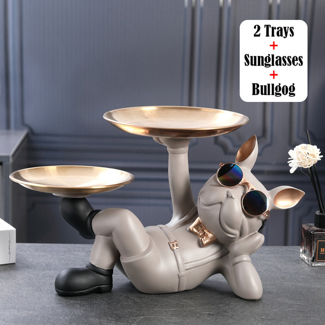 French Bulldog Sculpture with 2 Metal Tray Holder