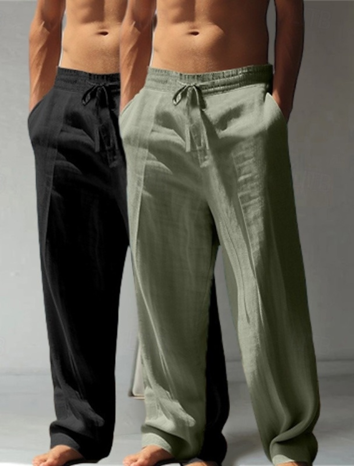 Men's Linen Pants Trousers Summer Pants Baggy Pants Beach Pants Drawstring Elastic Waist Straight Leg Plain Comfort Breathable Full Length Casual Daily Holiday Vacation Classic Style Green+Gray