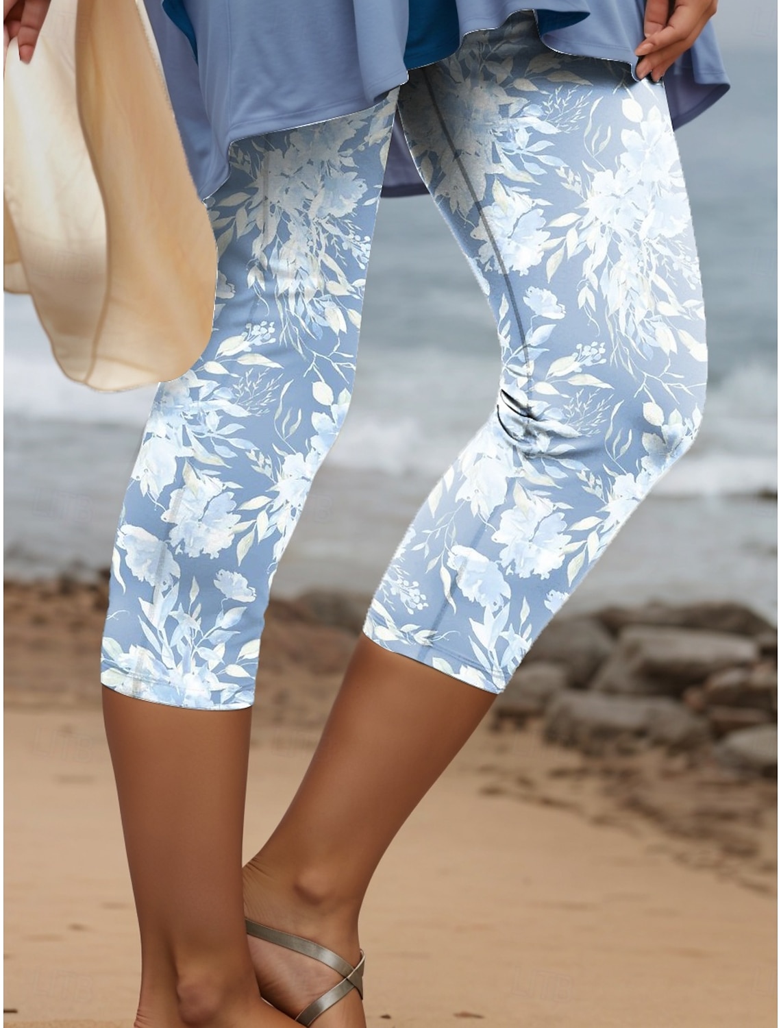 Women's Leggings Capri Pants High Elasticity Vacation Fashion Hawaiian Calf-Length Mid Waist Floral Graphic Printing Breathable Soft Vacation Casual Daily Light Blue Summer Spring Regular Fit