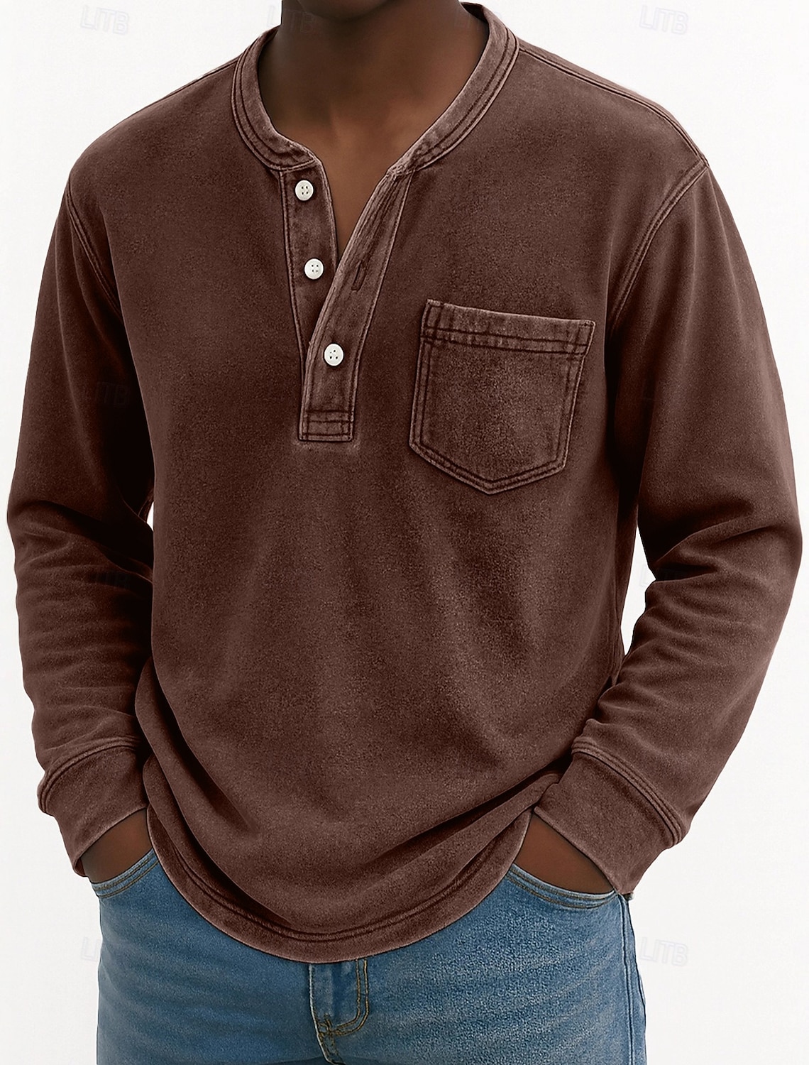 Men's Henley Shirt 100% Cotton Acid Wash T Tee Long Sleeve Vintage