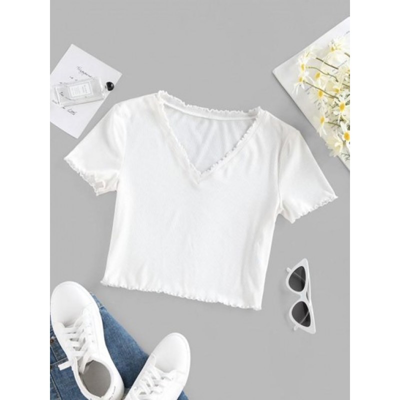 Ribbed Lettuce Trim V Neck T Shirt HE2990