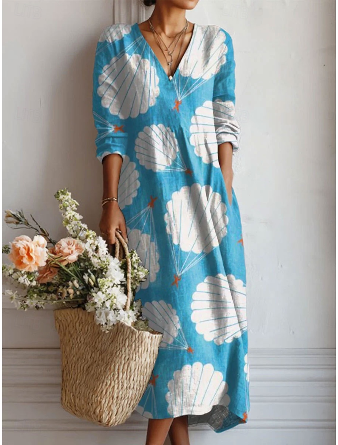 Women's Midi Dress Sundress A Line Dress Vacation Casual Boho Holiday Loose Fit Graphic Color Block Abstract Long Sleeve V Neck Blue Purple Orange Summer Spring