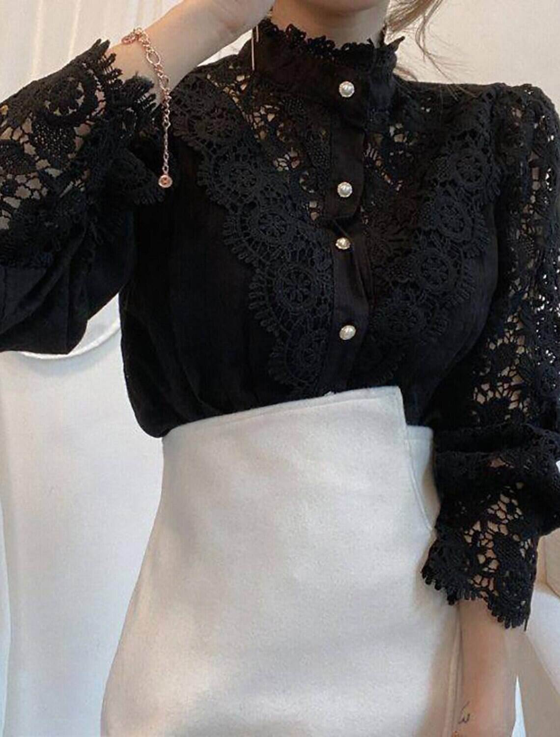 Women's Lace Shirt Blouse Eyelet top  Lace Shirt Elegant Fashion Elegant & Luxurious Solid Colored Shirt Collar Hole Regular Fit Daily Spring Fall Winter Fall & Winter
