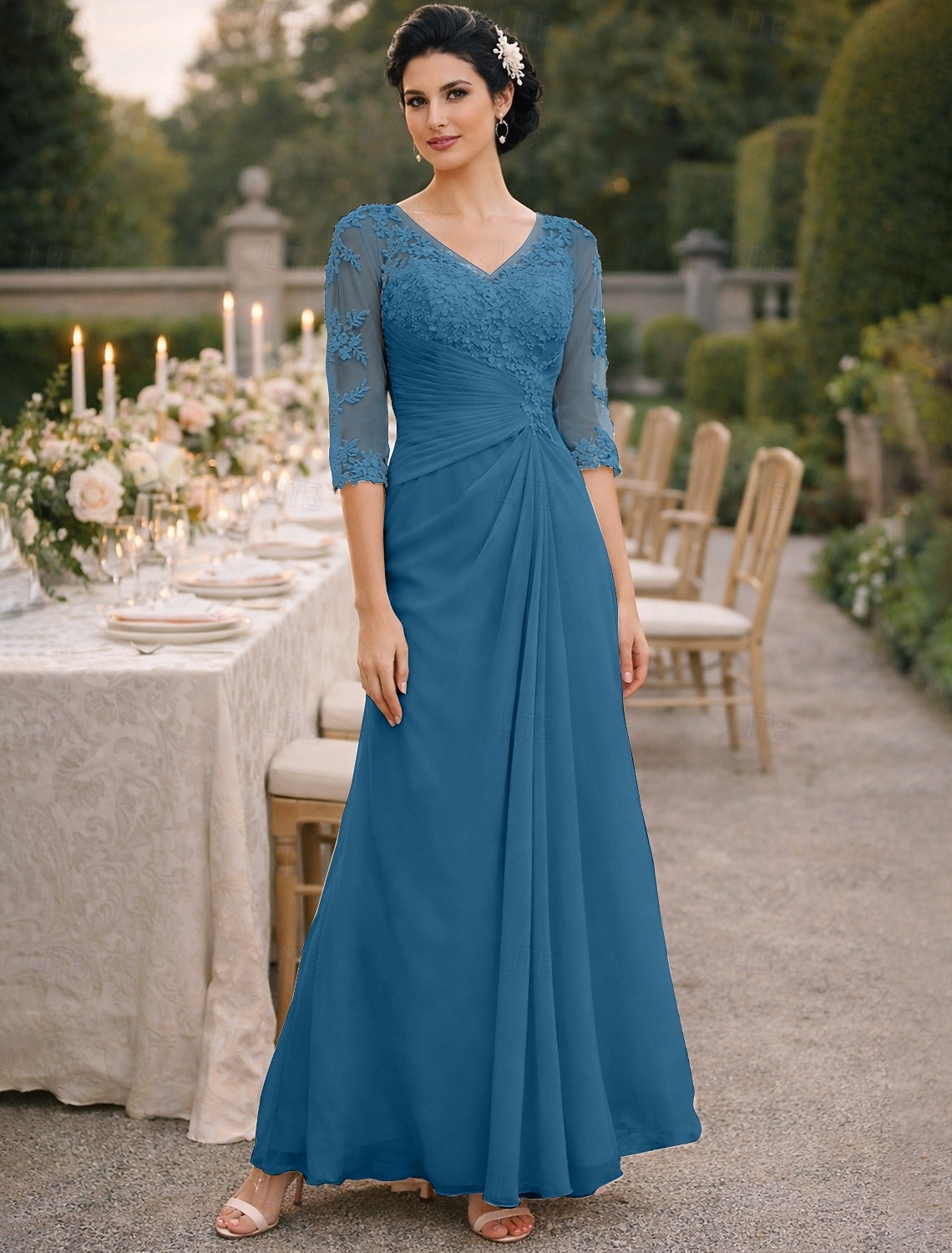 A-Line Floor Length Wedding Guest Dress Formal Dresses Evening Gown Mother of the Bride Dress Half Sleeve V Neck Elegant Plus Size See Through Wedding Guest Chiffon with Appliques Side Draping
