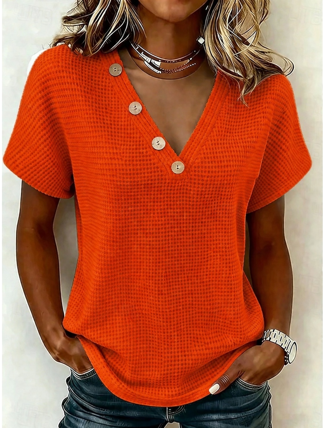 Women's Blouse Buttons Solid Color Stylish Casual Short Sleeve V Neck Regular Tops Casual Daily Black Red Summer Spring Fall