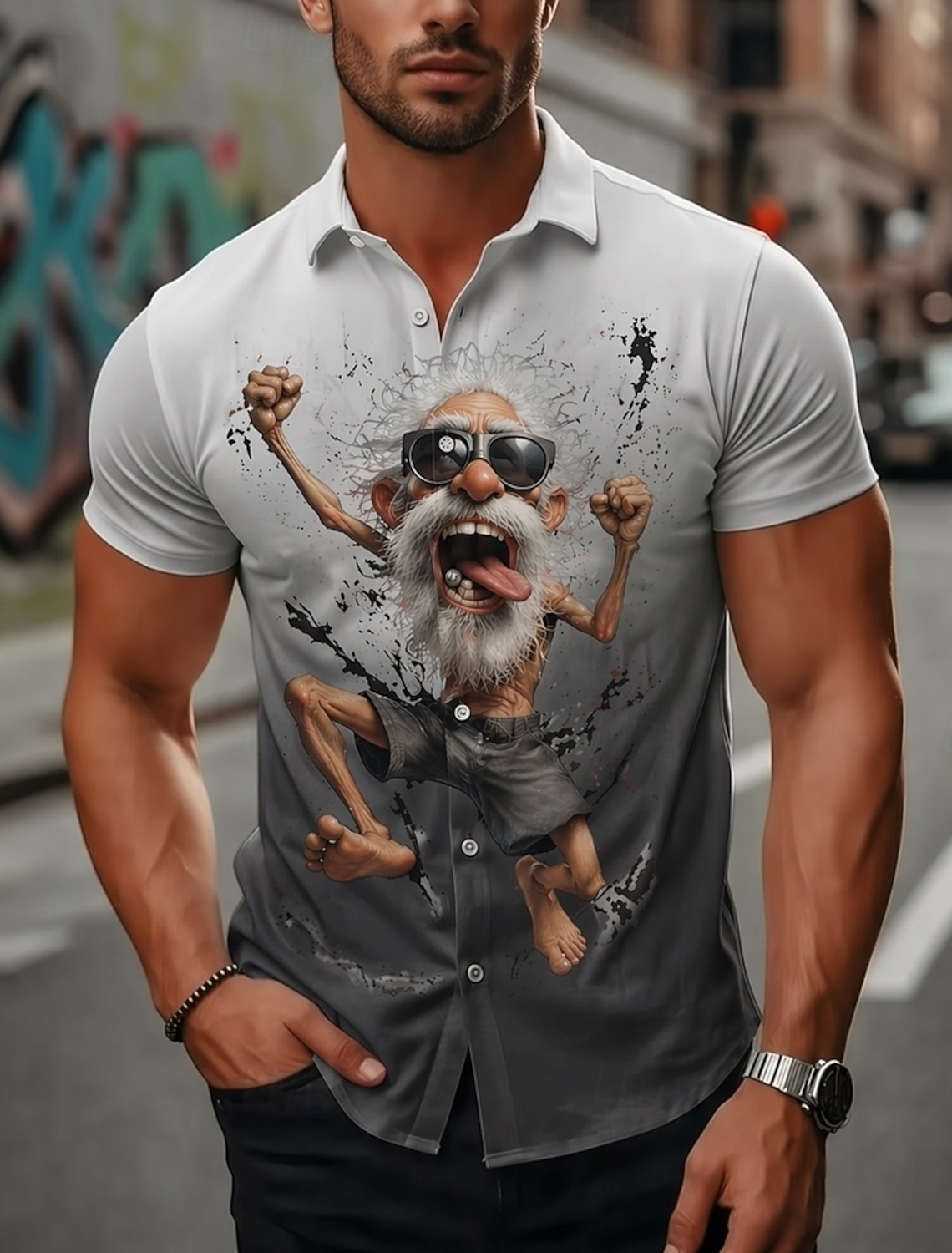 Men's Guitarist Player Cartoon Character Old Man Shirt Summer Shirt Button Up Shirt Short Sleeve Funny Vintage Retro Daily Outdoor Vacation Summer Spring Turndown 3D Print Collared Shirts Blue Violet