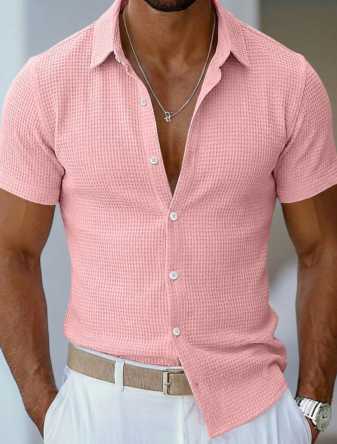 Men's Shirt Waffle Texture Casual Button Up Blue Black White Pink