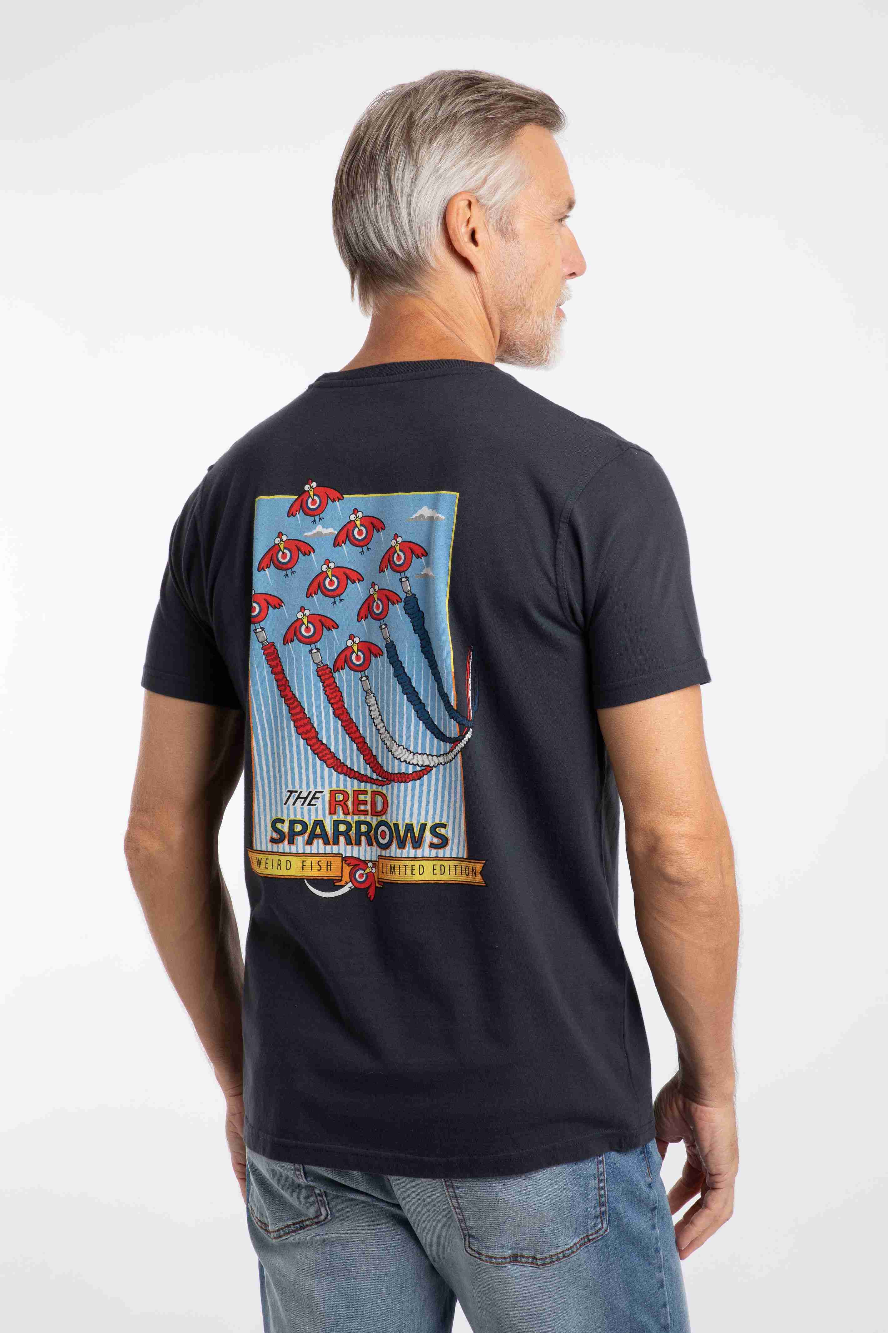 Red Sparrows Back Print Artist T-Shirt Navy