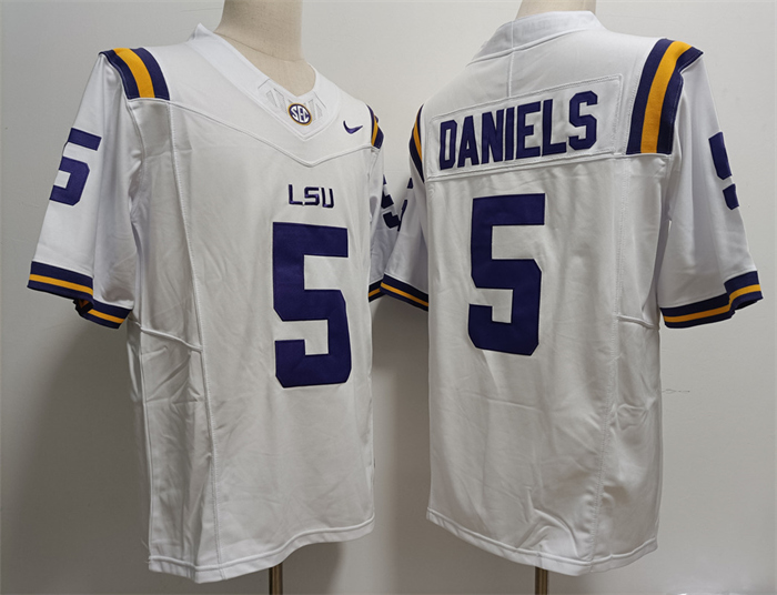 embroidered Men's LSU Bayou Bengals Jayden Daniels #5 White 2024