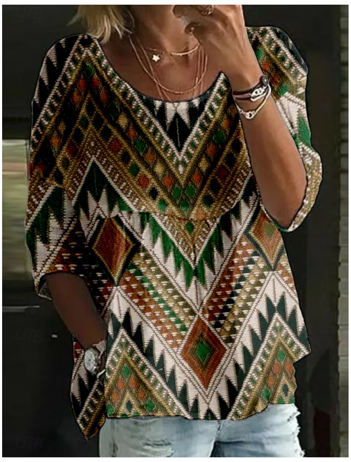 Women's Blouse Print Geometric Color Block Ethnic Retro Vintage 3/4 Length Sleeve Crew Neck Regular Tops Daily Holiday Wine Green Summer