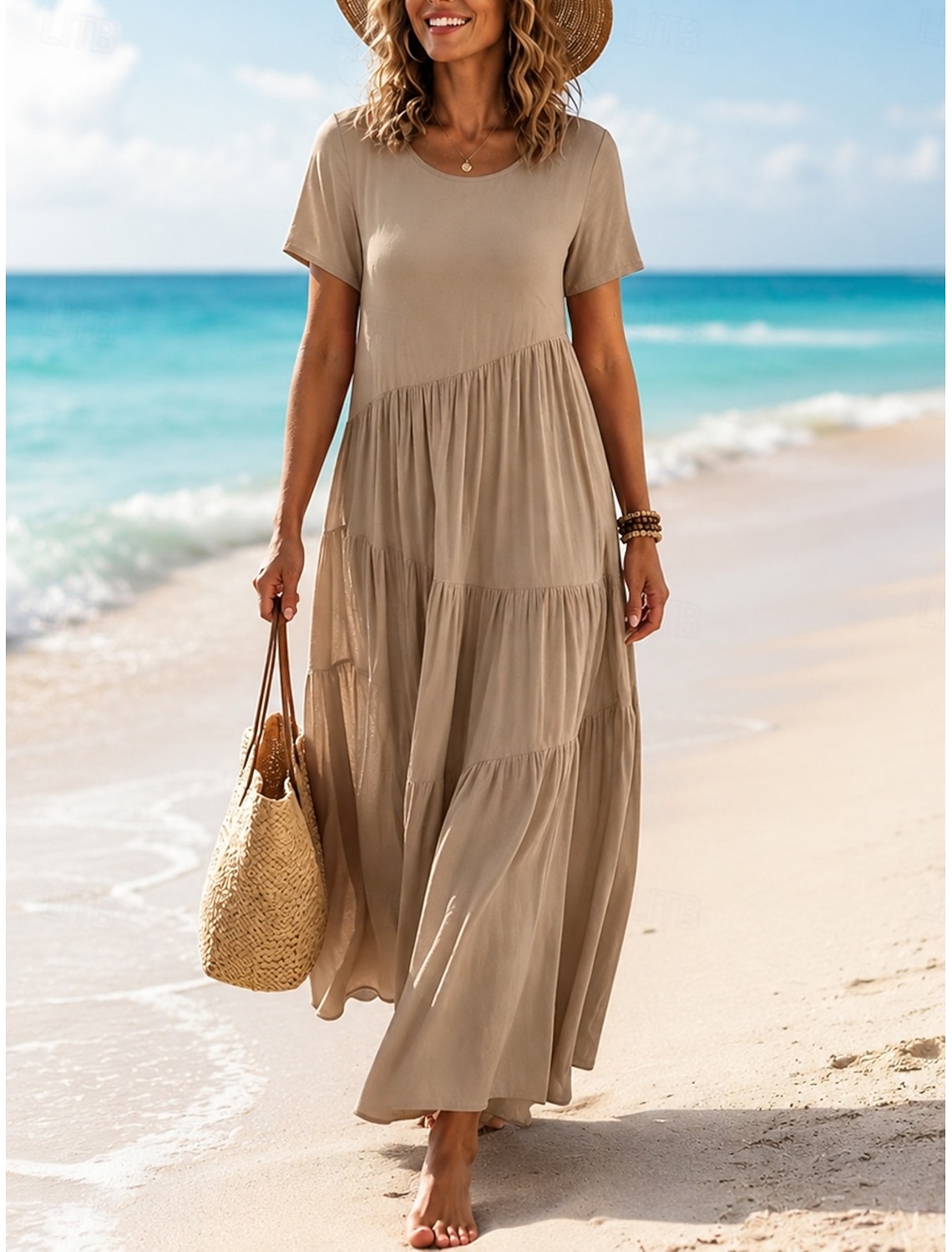 Women's Vintage Crew Neck Ruffle Pleated Asymmetric Maxi Dress Khaki Black White Pink Summer