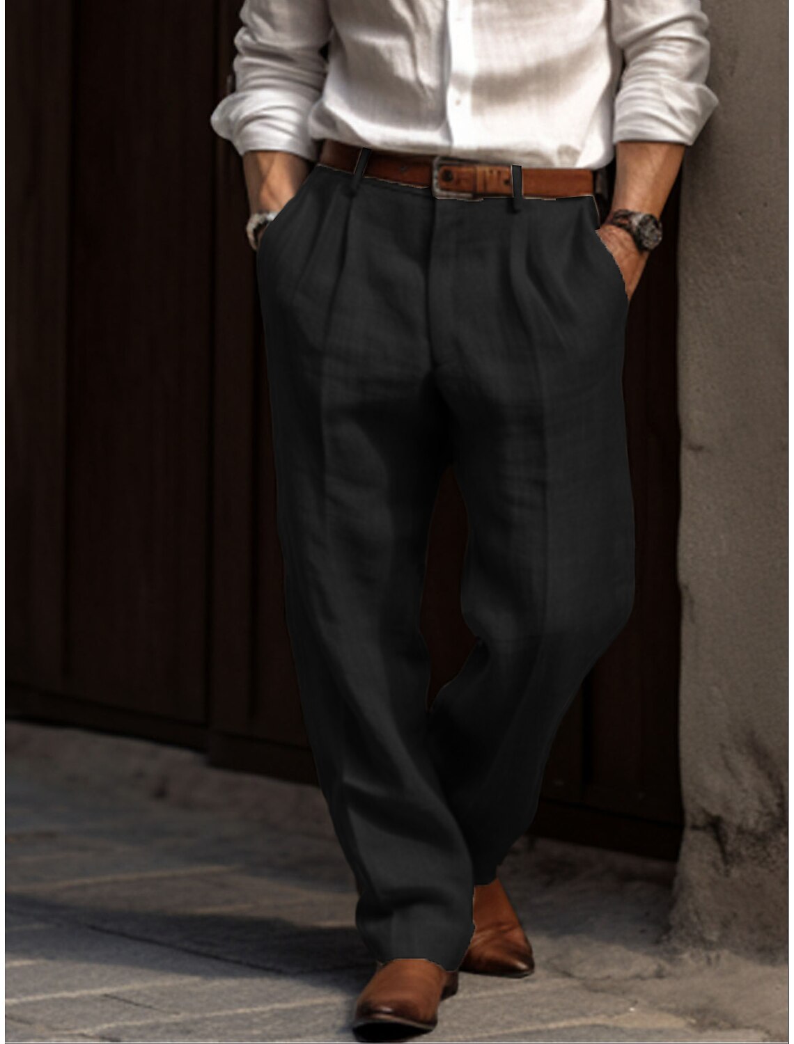 Men's Linen Pants Trousers Summer Pleated Dress Slacks Front Pocket
