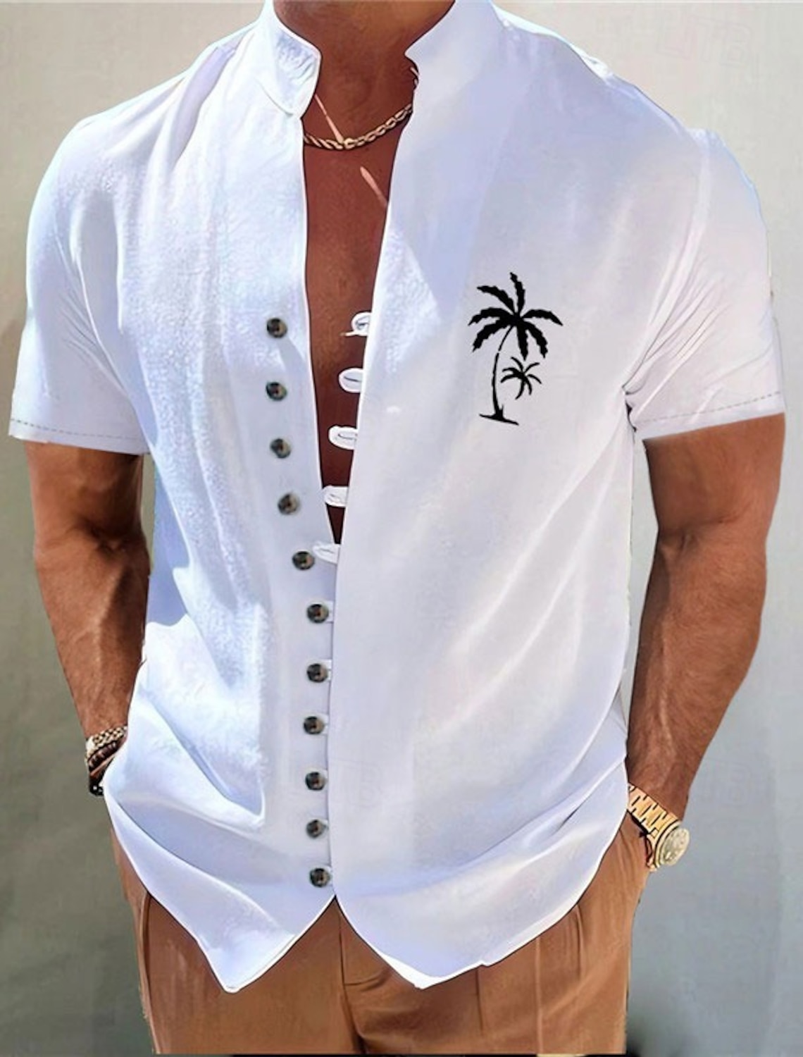 Men's Cotton Linen Shirt Coconut Tree Graphic Prints Stand Collar White Blue Khaki Gray Outdoor Street Short Sleeve Print Clothing Apparel Fashion Streetwear Designer Casual
